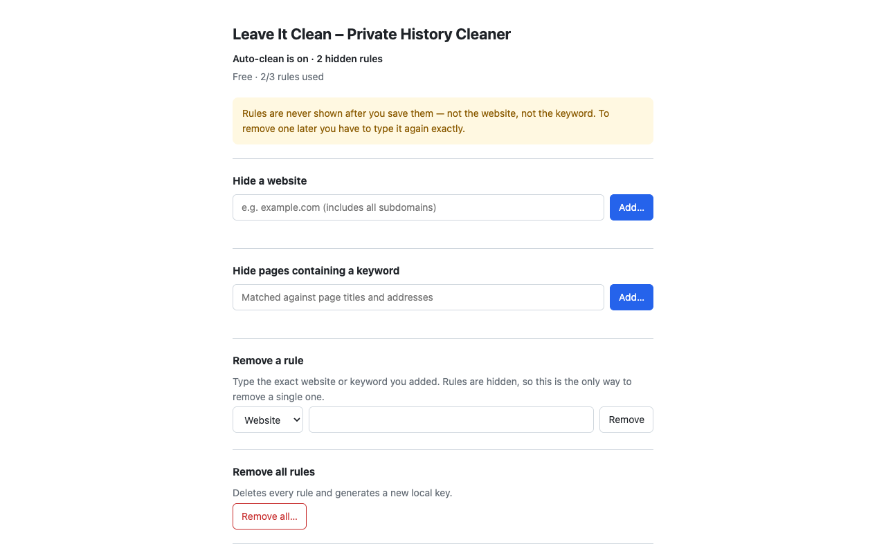 Leave It Clean settings page